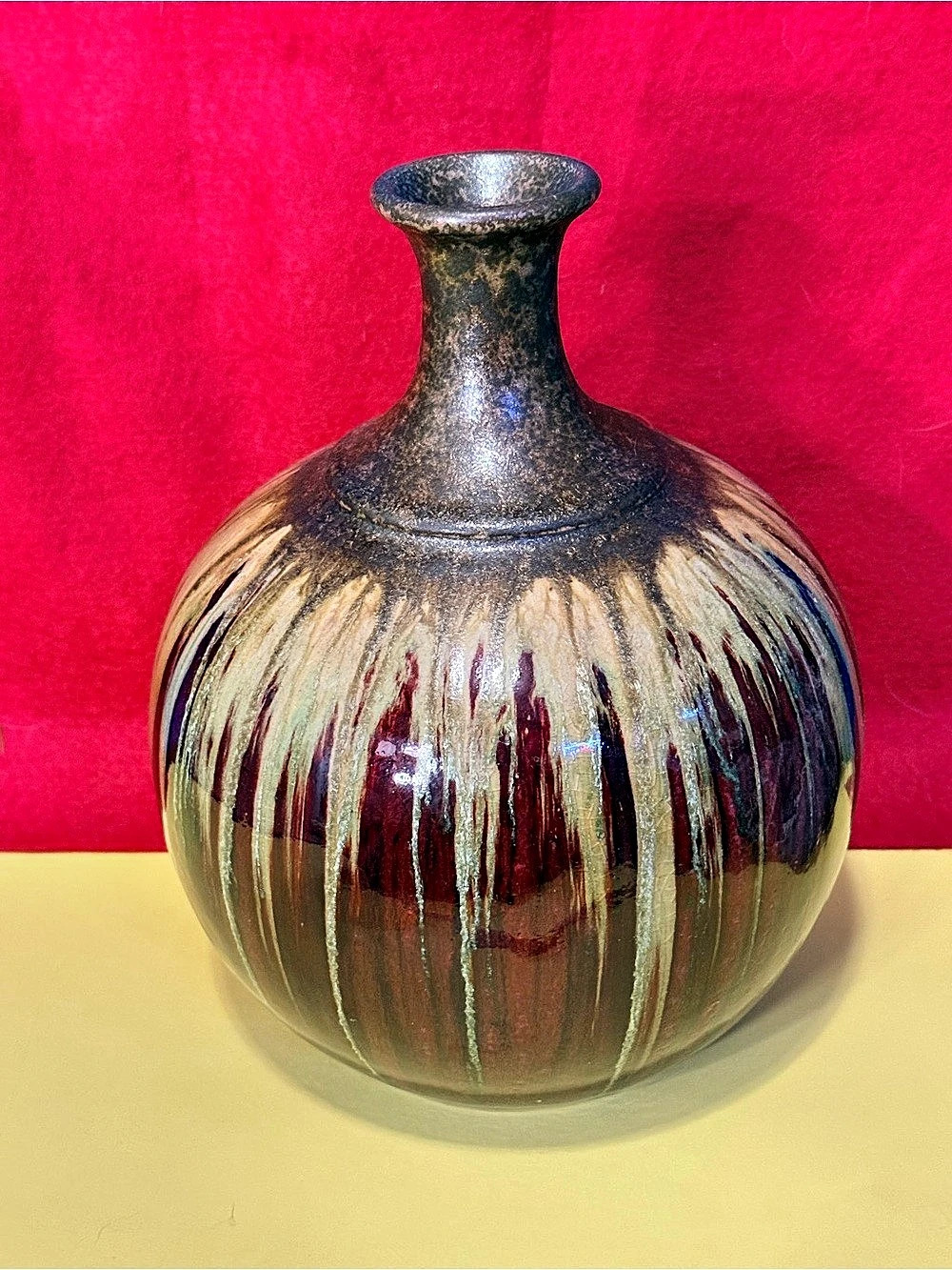 Heavy Art Pottery Vase Oxblood Burgundy Drip Glaze Round Statement Vase 9"